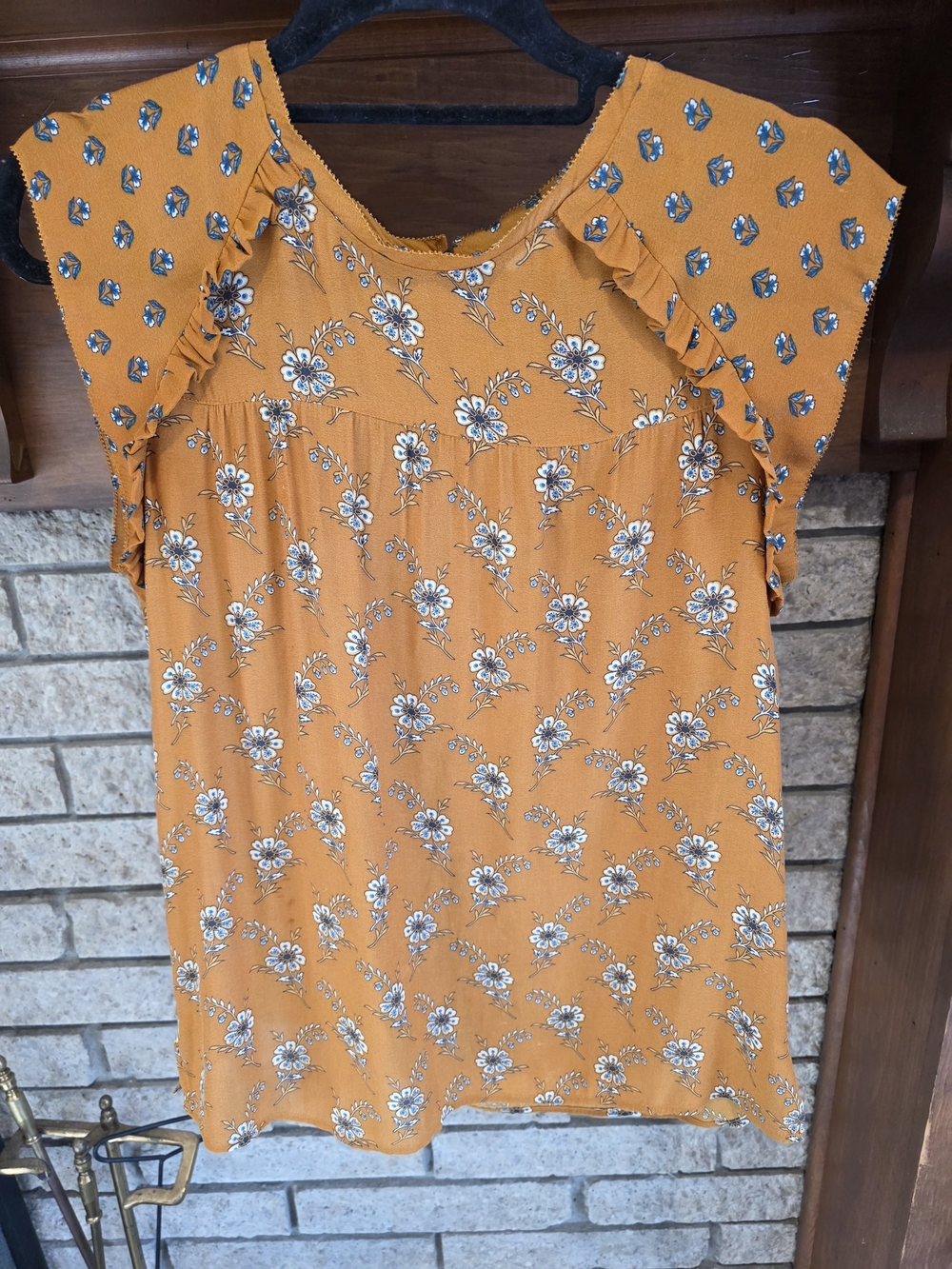 LOFT Mustard Floral Scoop-Neck Blouse with Blue Accents
